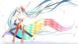  2016 absurdly_long_hair aqua_hair arm_up artist_name bad_source blue_eyes boots breasts elbow_gloves female flag full_body gloves goodsmile_company goodsmile_racing hair_ribbon hatsune_miku highres long_hair long_ribbon md5_mismatch medium_breasts open_mouth racing_miku racing_miku_(2016) ribbon rimuu sleeveless solo thigh_boots thighhighs twintails very_long_hair vocaloid window 