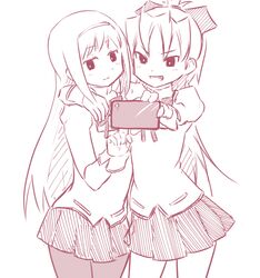  2girls :d akemi_homura arm_around_shoulder bow cellphone commentary_request hairband hairbow long_hair mahou_shoujo_madoka_magica mahou_shoujo_madoka_magica_(anime) mitakihara_school_uniform monochrome multiple_girls open_mouth outstretched_arm pantyhose phone ponytail sakura_kyoko school_uniform selfie simple_background skirt smile uasi white_background 