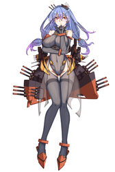  12cat anti-aircraft_gun blue_hair breast_rest breasts cannon commentary_request covered_navel earrings elbow_gloves female full_body gloves grey_thighhighs hair_ornament helena_(warship_girls_r) highres jewelry large_breasts leotard long_hair low_twintails machinery official_art photoshop_(medium) radar red_eyes rigging simple_background solo thighhighs turret twintails warship_girls_r white_background 