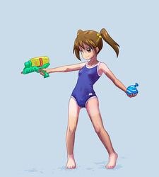  accessory_tan barefoot blue_background brown_eyes brown_hair commentary_request covered_navel female full_body hair_bobbles hair_ornament legs long_hair looking_to_the_side one-piece_swimsuit original photoshop_(medium) pigeon-toed school_swimsuit shirt_tan shorts_tan simple_background smile solo sorakitsune_suikyou standing swimsuit tan tanlines twintails water_balloon water_gun 