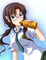  aqua_eyes bad_id bad_pixiv_id blush bottle brown_hair drinking evangelion:_2.0_you_can_(not)_advance female glasses hairband highres lcl makinami_mari_illustrious necktie neon_genesis_evangelion photoshop_(medium) rebuild_of_evangelion solo tsuda_akira twintails 