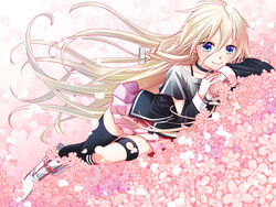  asymmetrical_legwear black_legwear blonde_hair blue_eyes collar collarbone commentary_request female hair_ornament hair_spread_out highres ia_(vocaloid) junji long_hair lying on_side pink_skirt pleated_skirt skirt smile solo thighhighs uneven_legwear very_long_hair vocaloid 