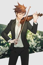  bad_id bad_twitter_id black_jacket black_pants bow_(music) brown_hair closed_eyes collared_shirt cowboy_shot dress_shirt female instrument jacket legs_apart long_sleeves music neosnim overwatch overwatch_1 pants playing_instrument shirt short_hair smile solo spiked_hair tracer_(overwatch) violin white_shirt 