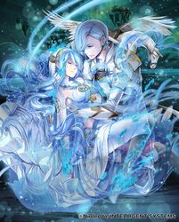  1boy armor azura_(fire_emblem) bad_id bad_twitter_id barefoot blue_hair carrying closed_eyes disappear dress female fire_emblem fire_emblem_cipher fire_emblem_fates floating_island gloves hair_over_one_eye jewelry kneeling long_hair mother_and_son official_art pegasus pendant polearm sad shigure_(fire_emblem) short_hair simple_background toeless_legwear toyota_saori veil very_long_hair water weapon yellow_eyes 