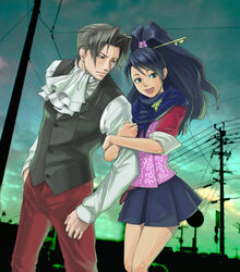  1boy :d ace_attorney_investigations arm_hug ascot badge black_hair blush commentary_request couple female frown green_eyes green_hair grey_eyes gyakuten_saiban hair_intakes hair_ornament hand_in_pocket happy high_ponytail karakusa_(pattern) kay_faraday key leaning long_hair long_sleeves looking_at_viewer looking_back miles_edgeworth miniskirt no_jacket open_mouth outdoors pants photoshop_(medium) pleated_skirt ponytail power_lines ryokuyuu scarf shirt skirt sky sleeves_rolled_up smile straight utility_pole vest wavy_hair white_shirt 