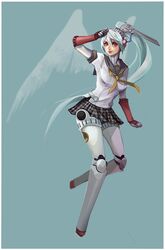  android bad_id bad_pixiv_id blue_hair commentary_request female headphones highres joints labrys_(persona) long_hair persona persona_4:_the_ultimate_in_mayonaka_arena pleated_skirt ponytail red_eyes robot_joints school_uniform skirt smile solo tiuco 