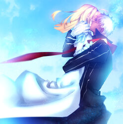  1boy ahoge alternate_costume archer_(fate) artoria_pendragon_(fate) black_coat blonde_hair coat commentary_request couple die_(f_mega) dress fate/stay_night fate_(series) female hug kissing long_hair official_alternate_costume red_scarf saber_(fate) scarf short_hair straight tan white_dress white_hair 