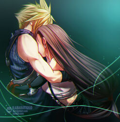  1boy black_hair blonde_hair cloud_strife couple dark_background female final_fantasy final_fantasy_vii hug ilabarattolo midriff suspenders tifa_lockhart 