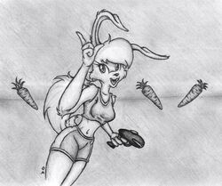  2011 anthro breasts carrot clothing epic_games female food graphite_(artwork) greyscale gun gzegzolka hair hare jazz_jackrabbit_(series) lagomorph leporid long_hair lori_jackrabbit mammal midriff monochrome navel open_mouth open_smile pencil_(artwork) plant ponytail ranged_weapon smile solo teeth tight_clothing traditional_media_(artwork) vegetable weapon 