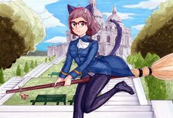  absurdres animal_ears beargguy_iii bench black_pantyhose broom broom_riding brown_eyes brown_hair cat_ears cat_girl cat_tail cloud commentary_request cosplay crotch_seam day female glasses gundam gundam_build_fighters hairband hayami_jin highres kousaka_china looking_at_viewer military military_uniform outdoors panties panties_under_pantyhose pantyhose perrine_h._clostermann perrine_h._clostermann_(cosplay) short_hair sky stairs strike_witches tail traditional_media tree underwear uniform world_witches_series 