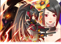  bare_shoulders black_hair choker cosmic_break gouten hair_ornament katana lipstick long_hair makeup mecha mecha_musume mole ouka ouka_(cosmic_break) ouka_tayu ponytail red_eyes samurai_girl sword very_long_hair weapon 