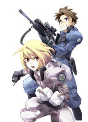  2boys blonde_hair brown_hair camouflage commentary_request detonator digital_camouflage explosive gloves gun handgun havia_winchell heavy_object holding holding_gun holding_weapon holster male_focus md5_mismatch military military_uniform multiple_boys qwenthur_barbotage rifle saitou_sakae scope sniper_rifle uniform weapon 