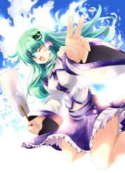  blush breasts commentary_request detached_sleeves female frog frog_hair_ornament gohei green_eyes green_hair hair_ornament hair_tubes kochiya_sanae long_hair medium_breasts one_eye_closed open_mouth photoshop_(medium) skirt smile snake solo touhou usuusu 