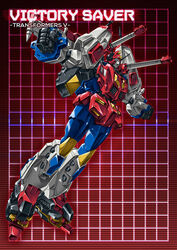  1980s_(style) 1boy autobot blue_eyes cannon character_name clenched_hand commentary_request copyright_name fighting_stance full_body grid grid_background insignia machinery mecha no_humans paintedmike photoshop_(medium) red_background retro_artstyle robot solo star_saber_(transformers) transformers transformers_victory turret victory_saber weapon 