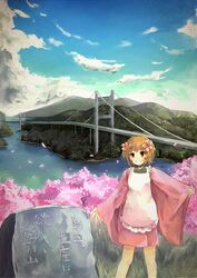  apron bad_id bad_pixiv_id blue_sky bridge cherry_blossoms cloud commentary_request day female flower grass grin hair_flower hair_ornament japanese_clothes kimono monument mountain orange_eyes orange_hair original outdoors shimada_sarasara shore short_hair short_kimono sky sleeves_past_wrists smile solo wide_sleeves 