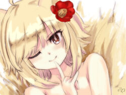  ahoge animal_ears blonde_hair brown_eyes commentary_request dutch_angle female finger_to_mouth flower fox_ears fox_tail hair_flower hair_ornament inari_(sennen_sensou_aigis) koko_(hm142533) one_eye_closed sennen_sensou_aigis short_hair smile solo tail upper_body 