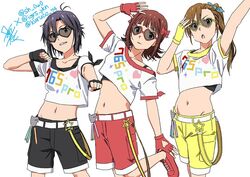  3girls amami_haruka antenna_hair black_hair bow brown_hair commentary_request fingerless_gloves futami_mami gloves hair_ribbon hairbow heart heart-shaped_eyewear idolmaster idolmaster_(classic) kikuchi_makoto light_brown_hair long_hair looking_at_viewer matching_outfits midriff multiple_girls navel open_mouth pose ribbon short_hair shorts side_ponytail signature smile street_hopper_(idolmaster) sunglasses taku1122 