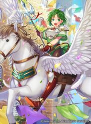  :d armor boots breastplate building clothesline commentary_request company_name confetti copyright_name day elbow_gloves feathers female fire_emblem fire_emblem:_thracia_776 fire_emblem_cipher gloves green_eyes green_hair halberd holding holding_weapon horseback_riding karin_(fire_emblem) knee_boots looking_at_viewer matsurika_youko official_art open_mouth outdoors pegasus pegasus_knight_uniform_(fire_emblem) polearm red_footwear red_gloves reins riding saddle shiny smile solo weapon white_armor wings 