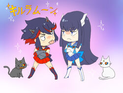  2girls animalization back_bow bishoujo_senshi_sailor_moon boots bow chibi commentary_request cosplay crossed_arms feline junketsu kill_la_kill kiryuuin_satsuki matoi_ryuuko multiple_girls sailor_senshi_uniform senketsu siblings sisters skirt tongue tongue_out unofficial_sailor_senshi_uniform uri_(uryu002) 