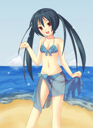  beach bikini black_hair blue_bikini blue_sarong bow bow_bikini brown_eyes clothes_lift cloud commentary_request day female highres k-on! long_hair nakano_azusa photoshop_(medium) ponishi. sarong sarong_lift see-through see-through_sarong sky solo swimsuit twintails water 