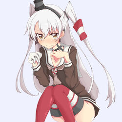  amatsukaze_(kancolle) bad_id bad_pixiv_id blue_background blush brown_eyes choker commentary_request dress female gloves grey_hair highres kantai_collection long_hair red_thighhighs sailor_dress short_dress simple_background solo striped_clothes striped_thighhighs suu2510 thighhighs wavy_mouth white_gloves 