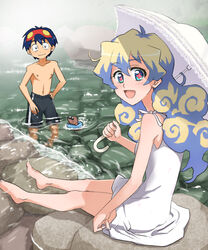  1boy aged_down bad_id bad_pixiv_id bare_legs barefoot blue_hair boota_(ttgl) cross-shaped_pupils dress female goggles goggles_on_head happy multicolored_hair nia_teppelin open_mouth shorts simon_(ttgl) smile sundress supinosu symbol-shaped_pupils tengen_toppa_gurren_lagann topless_male two-tone_hair umbrella water 