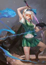  alternate_eye_color alternate_weapon animal animal_on_weapon arm_up bad_id bad_pixiv_id bird bird_on_weapon black_socks blue_hairband crow cuts dual_wielding female full_body ghost hairband hitodama holding injury katana konpaku_youmu konpaku_youmu_(ghost) no_shoes on_one_knee photoshop_(medium) pose rainli red_eyes rock short_hair skirt socks solo sword touhou vest weapon white_hair 