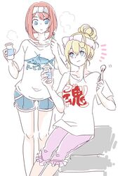  2girls animal_print ark_royal_(kancolle) blonde_hair blue_hair bob_cut bottle closed_mouth clothes_writing collarbone commentary_request cowboy_shot eye_contact fish fish_print hair_between_eyes hair_up hiro_(srso4_) holding holding_bottle kantai_collection long_hair looking_at_another milk_bottle multiple_girls red_hair shirt short_hair short_sleeves shorts sidelocks simple_background sitting smile standing steam swordfish t-shirt towel towel_on_head translated warspite_(kancolle) wavy_mouth white_background 