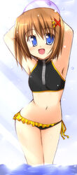  armpits arms_up bikini black_bikini blue_eyes brown_hair commentary_request female hair_ornament lask lyrical_nanoha mahou_shoujo_lyrical_nanoha short_hair solo swimsuit tank_top x_hair_ornament yagami_hayate 