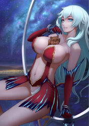  arm_support artemis_(fate/grand_order) bad_id bad_pixiv_id between_breasts blue_eyes blue_hair breasts elbow_gloves fate/grand_order fate_(series) gloves highres large_breasts leaning_back long_hair looking_at_viewer navel night night_sky orion_(fate/grand_order) panties parted_lips shijiu_(adamhutt) sideboob sky solo star_(sky) starry_sky underwear white_panties 