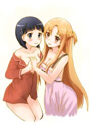  2girls akihisa201 asuna_(sao) bad_id bad_pixiv_id black_eyes black_hair breasts brown_eyes brown_hair cleavage hair_ornament hairclip kirigaya_suguha long_hair medium_breasts multiple_girls naked_shirt pajamas shirt sword_art_online 