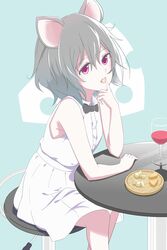  alternate_costume animal_ears bad_id bad_pixiv_id blue_background bow bowtie cheese dress eating eire_(sai_fuji) female food grey_hair highres looking_at_viewer mouse_ears nazrin red_eyes short_hair sitting sleeveless solo tail touhou white_dress 