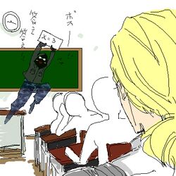  1boy _metal_gear blonde_hair female lowres metal_gear metal_gear_(series) metal_gear_solid metel_gear_solid_3 parody school the_boss the_sorrow 