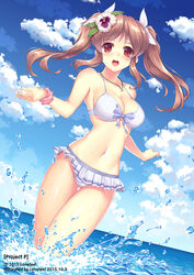  :d bare_arms bare_shoulders bikini bikini_skirt blush breasts brown_eyes brown_hair cleavage cloud commentary_request day dutch_angle female flower hair_flower hair_ornament hair_ribbon horizon jewelry loneteel long_hair looking_at_viewer medium_breasts navel necklace ocean open_mouth outdoors photoshop_(medium) pink_scrunchie ribbon scrunchie sky smile solo splashing swimsuit twintails wading water wet white_bikini 