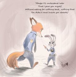  anthro avoid_posting canid canine carrot clothed clothing colored disney duo english_text food fox fur judy_hopps lagomorph leporid male mammal nick_wilde plant police police_uniform rabbit rem289 size_difference text uniform vegetable zootopia 