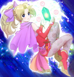  ass blonde_hair blue_eyes bow breasts cape commentary_request crystal detached_sleeves dress earrings elbow_gloves female final_fantasy final_fantasy_vi gloves hair_ribbon jewelry kkokko long_hair medium_breasts pantyhose ponytail ribbon solo strapless strapless_dress terra_branford 