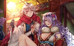  1boy bad_id bad_twitter_id black_gloves blonde_hair breasts camilla_(fire_emblem) camilla_(new_year)_(fire_emblem) cleavage commentary corrin_(fire_emblem) corrin_(male)_(fire_emblem) corrin_(male)_(new_year)_(fire_emblem) english_commentary female fire_emblem fire_emblem_fates fire_emblem_heroes flower fork gloves hair_flower hair_ornament hair_over_one_eye japanese_clothes kimono large_breasts long_hair looking_at_viewer open_mouth pointy_ears purple_hair sidelocks smile tiara very_long_hair wani_(fadgrith) wavy_hair wide_sleeves 