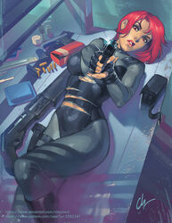  aiming_at_viewer ammo_box black_gloves black_leotard bodysuit boots breasts bullet chuck_pires commentary dappled_sunlight deviantart_sample dino_crisis english_commentary feet_out_of_frame female finger_on_trigger fingerless_gloves gloves grey_bodysuit gun handgun holding holding_gun holding_weapon holster image_sample knee_boots large_breasts leotard lips lipstick lying magazine_(weapon) makeup nose on_back pistol red_hair regina short_hair shotgun shoulder_pads solo sunlight thigh_holster torn_bodysuit torn_clothes torn_leotard watermark weapon web_address 