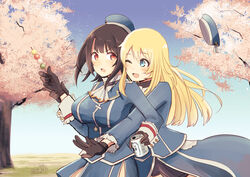  2girls atago_(kancolle) beer_can beret black_gloves blonde_hair can cherry_blossoms commentary_request dango drink_can food gloves hat kantai_collection long_hair military military_uniform multiple_girls no_legwear one_eye_closed sanshoku_dango takao_(kancolle) tree uniform wagashi yukiyanagi_raki 