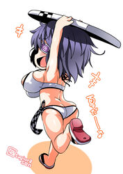  armpits arms_up ass bikini bodyboard breasts bursting_ass bursting_breasts butt_crack carrying_overhead checkered_necktie chibi commentary_request eyepatch female kantai_collection large_breasts musical_note necktie no_headwear official_alternate_costume open_mouth purple_hair running sandals short_hair sideboob skindentation solo sugiura swimsuit tenryuu_(kancolle) tenryuu_(swimsuit_mode)_(kancolle) thighs twitter_username undersized_clothes unworn_necktie white_bikini 