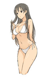  bikini black_eyes black_hair breasts cleavage commentary_request cropped_legs female leaning_forward long_hair medium_breasts morisawa_haruyuki navel original photoshop_(medium) side-tie_bikini_bottom simple_background solo standing swimsuit wet white_background white_bikini 