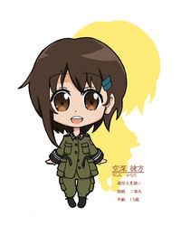  asymmetrical_hair brown_eyes brown_hair chibi commentary_request drop_shadow female hair_ornament hairclip helvetian_military_uniform military military_uniform photoshop_(medium) shadow short_hair solo sonobashi_nogi sora_no_woto sorami_kanata stats uniform 