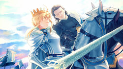  1boy agravain_(fate) armor artoria_pendragon_(fate) artoria_pendragon_(lancer)_(fate) black_hair blonde_hair braid cape cheekbones closed_eyes commentary_request crown dun_stallion_(fate) expressionless fate/grand_order fate_(series) female flag green_eyes haruhikohiko highres holding holding_weapon horse horseback_riding lance lion_king_(lancer)_(fate) long_hair polearm rhongomyniad_(fate) riding weapon 