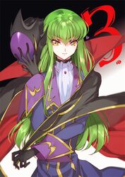  ascot bad_id bad_pixiv_id black_cape black_gloves blue_jacket c.c. cape closed_mouth code_geass commentary_request cosplay creayus female gloves green_hair hair_between_eyes helmet jacket long_hair long_sleeves looking_at_viewer multicolored_cape multicolored_clothes parted_lips red_cape smile standing unworn_headwear unworn_helmet upper_body white_legwear yellow_eyes zero_(code_geass) zero_(code_geass)_(cosplay) 