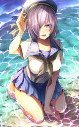  :d alternate_costume barefoot beret blush breasts commentary_request fate/grand_order fate_(series) female hair_over_one_eye hat hatori_mia highres kneeling large_breasts looking_at_viewer mash_kyrielight open_mouth partially_submerged pleated_skirt purple_eyes purple_hair school_uniform serafuku short_hair skirt smile solo teeth water 