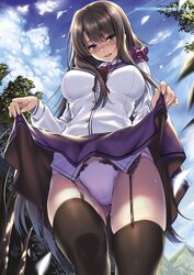  :d ass_visible_through_thighs black_thighhighs blue_sky blush breasts brown_hair buttons cameltoe clothes_lift cloud cloudy_sky comic_exe dated day female fingernails flashing foreshortening from_below garter_belt hair_ornament hair_scrunchie highres lace lace-trimmed_panties lace_trim lifting_own_clothes long_hair long_sleeves looking_at_viewer medium_breasts open_mouth original outdoors panties piromizu purple_eyes scrunchie shirt sidelocks skirt skirt_lift sky smile solo sweat thighhighs thighs tree underwear very_long_hair white_panties white_shirt 