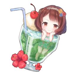  :&gt; air_bubble aqua_one-piece_swimsuit bendy_straw blue_flower blush brown_hair bubble cherry chibi closed_mouth collarbone commentary_request cup dot_nose drinking_glass drinking_straw dutch_angle female floral_print flower food frilled_one-piece_swimsuit frills fruit glass hair_flower hair_ornament hairband hands_on_own_face hibiscus ice ice_cream ice_cream_float ice_cube idolmaster idolmaster_cinderella_girls in_container in_cup knees_together_feet_apart lace_hairband leg_up looking_at_viewer lvetica melon_soda mini_person minigirl nagatomi_hasumi one-piece_swimsuit partially_submerged red_flower red_rose rose short_hair simple_background smile solo swept_bangs swimsuit tareme wavy_hair white_background yellow_eyes yellow_flower yellow_rose 