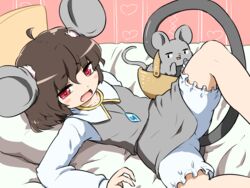  animal_ears bed bloomers blush_stickers commentary_request cosplay female inaba_tewi lying mouse_(animal) mouse_ears mouse_tail nazrin nazrin_(cosplay) on_back open_mouth pendulum shirosato short_hair spread_legs tail touhou underwear 