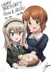  2girls :d artist_name ashiwara_yuu black_jacket black_necktie black_ribbon blue_jacket boko_(girls_und_panzer) brown_eyes brown_hair cake character_name chocolate commentary dated dress_shirt english_text food fruit girls_und_panzer green_shirt hair_ribbon hands_on_another&#039;s_shoulders happy_birthday jacket light_brown_hair long_hair long_sleeves looking_at_viewer military military_uniform multiple_girls necktie nishizumi_miho one_side_up ooarai_military_uniform open_mouth ribbon selection_university_military_uniform shimada_arisu shirt short_hair siblings signature simple_background sisters smile sparkle standing strawberry stuffed_animal stuffed_toy teddy_bear uniform upper_body white_background white_shirt 