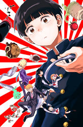  2girls 6+boys black_hair blonde_hair blunt_bangs blush_stickers bowl_cut brothers brown_eyes brown_hair camera commentary_request cup ekubo_(mob_psycho_100) food fork gakuran gouda_musashi gym_uniform hanazawa_teruki kageyama_ritsu kageyama_shigeo kumagawa_hiroshi kurata_tome looking_down mezato_ichi mini_person miniboy minigirl mob_psycho_100 multiple_boys multiple_girls necktie pink_necktie reigen_arataka rem_(tsulala) sagawa_jun school_uniform serafuku shimura_ryohei siblings soy_sauce soy_sauce_bottle spoon sunburst sunburst_background sweatdrop takoyaki teacup toothpick yamamura_hideki yunomi 